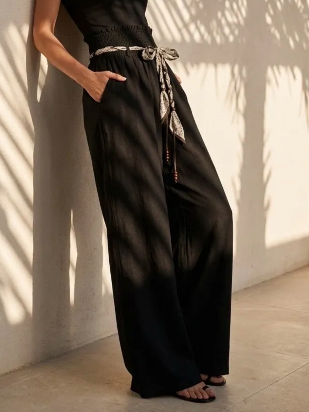 FROM PARIS FRANCE 🇫🇷 Women's Black Wide-Leg Pants with Tie Waist